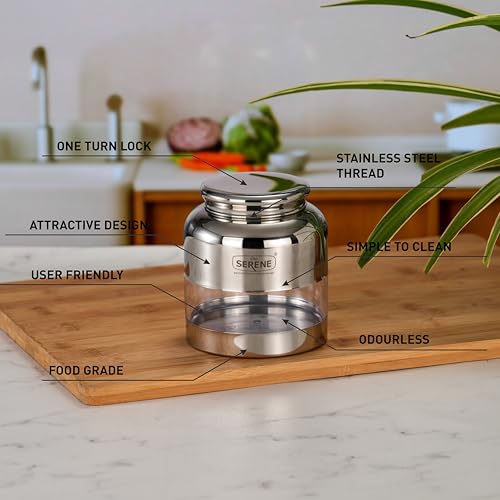 Image of Serene Stainless Steel Exotic See-Through Jar | Airtight Jars for Kitchen Storage | Premium Steel Jars with One Turn Lock Lid | Transparent Stainless Steel Containers | 650ML | 6 PC
