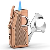 FANKAI Accendino per sigari con taglierina e punzonatura, accendino a butano 3 in 1, forbici integrate, ricaricabile, antivento, a doppia fiamma, con indicatore del carburante, regalo per uomini