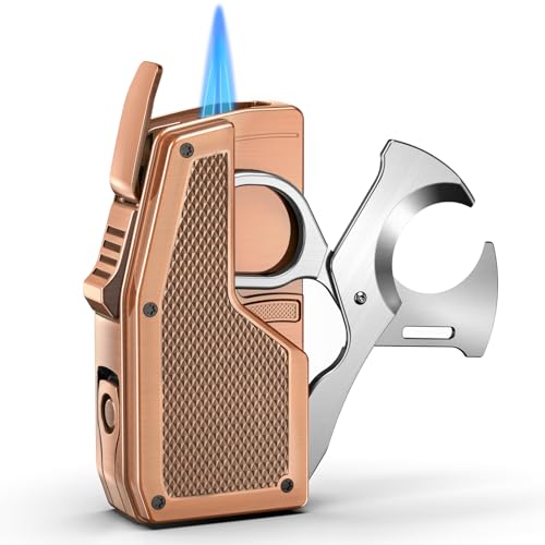 FANKAI Cigar Torch Lighter with Cutter & Punch, 3 in 1 Butane Lighter Built-in Scissors, Refillable Windproof Dual Flame Lighter with Fuel Gauge, Gift for Men