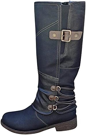 Fullwei Cowboy Boots for Women,Women Vintage Mid Calf Cowgirl Waterproof Western Steel Toe Boot Ladies Casual Combat Low Heels Motorcycle Riding Boot Walking Shoe (Black, 6.5-7)