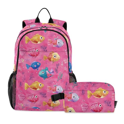 KLL Cute Drum Fishes Hot Pink Backpack And Lunch Box For Boys (scenario) Boys Backpacks And Lunch Box 7-10