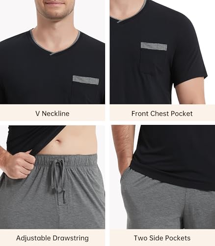 Image of NACHILA Men's Pajamas Set-Viscose Made from Bamboo, Short Sleeve Sleepwear Soft Pjs with Shorts V Neck Loungewear Sets
