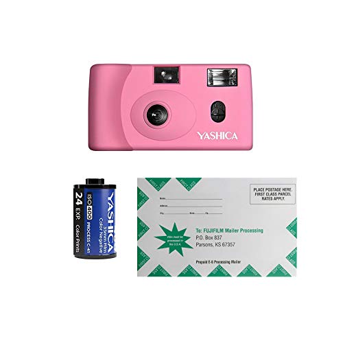 YASHICA MF-1 Snapshot Art 35mm Film Camera Set with Film Roll (Pink) and Fujifilm PRE-Paid Film Processing Mailer Bundle (2 Items)