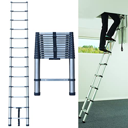 3,8m 12,4ft Échelle Télescopique Portable Échelle Pliant en Acier Inoxydable Telescopic Ladder EN131 pour Attic/Grenier 150kg Charge