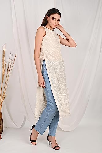 Image of Lucknowi Chikankari Pure Cotton Sleeveless Nyra Cut Straight Long Casual Kurti for Women