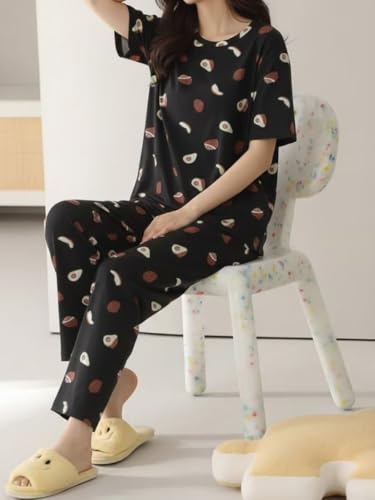 Image of Women's Korean Style Night Suit Set | Cotton Half Sleeve Top & Pyjama Set | Round Neck Printed Nightsuit | Comfortable Nightwear & Loungewear for Women | Sleepwear Pjs Lounge Set |Co-ords Outfit