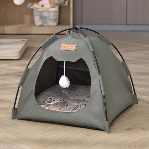 MANGOKKA Cat Tent House, Foldable Cat Head Type House for Indoor Cats, Cute CAT Tent Nest with Washable Double Sided Cushion, Removable Dog Tent Bed, Pet House for Puppies/Bunny/Kitten (Gray Green)