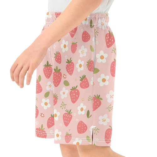 Strawberry and Daisy Athletic Shorts with Zipper Pockets, Youth Boys Athletic Running Shorts for Summer 7