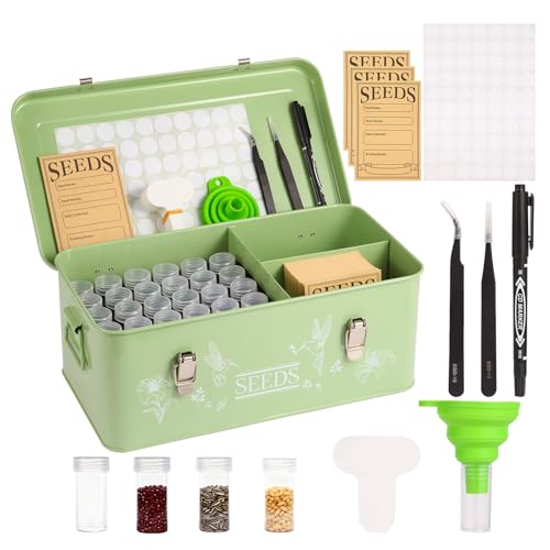 60 Slots Seed Organizer Storage Box with 3 Compartments,Large Metal Garden Seed Organizer with Lid&Safety Locks,Seed Saver Bin 50 Plant Labels 60 Seed Envelopes,Professional All-In-One Seed Saving...