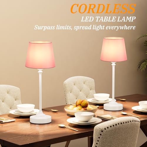 Image of Cordless Table Lamps Rechargeable Set - 2 Pack White 4000mAH Battery Operated Lamps for Decor, 3000K Stepless Dimming Touch Control Wireless Lamps for Bedroom, Dining Table, Living Room, Pink Shade