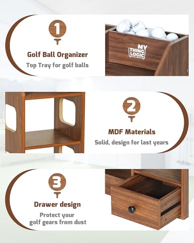 Image of Mythinglogic Wooden Golf Bag Storage Rack for 2 Bags with Drawer