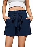 Pantalones Cortos Mujer Shorts Paperbag con Lazo y Tiro Alto Bermudas Verano Elegantes con Bolsillos Cintura Alta para Playa y Vacaciones (Azul Marino,L)