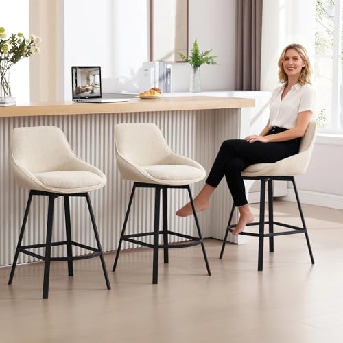 Image of Zesthouse Swivel Bar Stools Set of 2, 26'' Modern Counter Height Bar Stools with Low Backs & Metal Legs, Upholstered Metal Counter Height Chairs, Beige Linen Fabric Island Chairs for Kitchen Counter