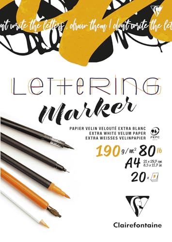 Clairefontaine 96581C - Bloc Collé Lettering A4 21x29,7 cm190g - 20 Feuilles de Papier Vélin Clairefontaine Extra-Blanc et Lisse - Idéal pour le Lettering