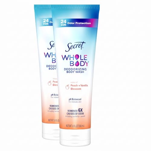 Secret Feminine Wash, 24 HR Deodorizing Feminine Body Wash for Women, Removes 6x Causes of Odor, PH Balanced, Safe to Use Everywhere, Peach &amp; Vanilla Blossom Scent, 8.0 oz, (Pack of 2)