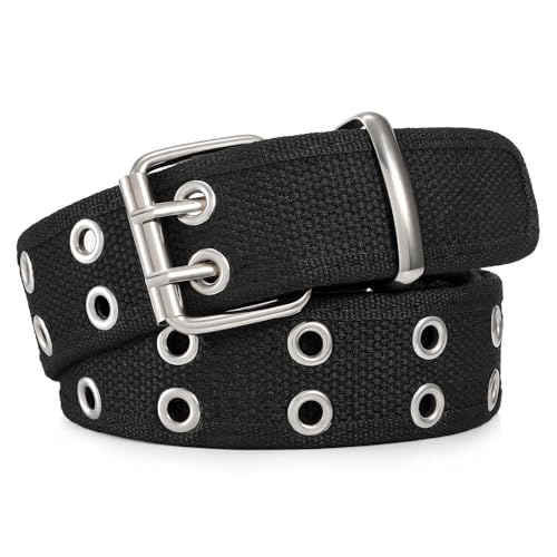 JASGOOD Ceinture Homme Tissu en Toile Double Oeillet Réglable Ceinture Punk Unisexe Style Double Boucle pour Jeans Pantalon,Noir(boucle argenté),Taille moins...