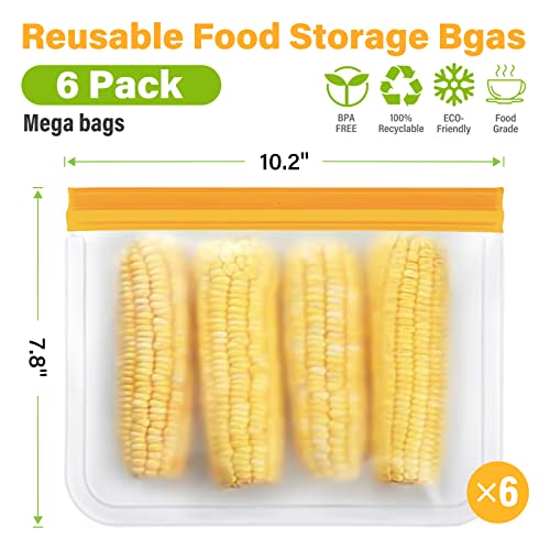 Reusable Food Storage Bags 6 Pack Quart Size Bags Reusable Food Container For Meat Fruit Sandwich & Snack, Bpa Free Food Grade, Leakproof Resealable For Lunch & Fridge Organizer #TOP1
