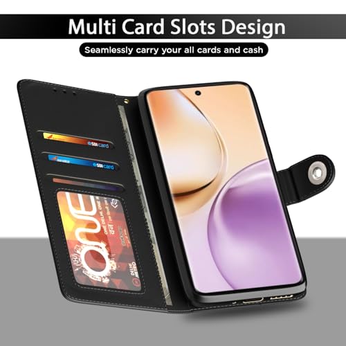 Image of Pikkme Flip Cover Leather Finish | Inside TPU with Card Pockets | Wallet Stand and Shock Proof | Complete Protection Button Flip Case for Realme 14 Pro 5G(Black)