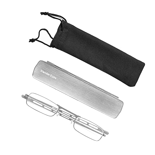 Slender Eyes 2.0, Compact Reading Glasses- With Phone Stand Glasses Case That Sticks To Your Phone, Thin Readers For Men Women - Gunmetal - Strength +3.0