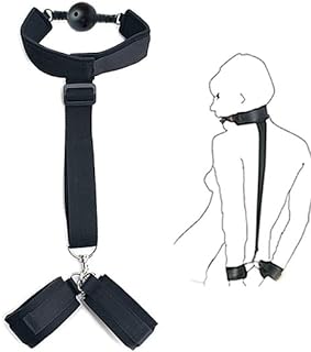 Bondage Restraint Ball Mouth Gag with Handcuffs Fetish BDSM Collar Leather Ball Gag Restraint, SM Bed Restraint Kit Equipment for Couples Game, Adjustable Bondage Toys Fit Almost All Women