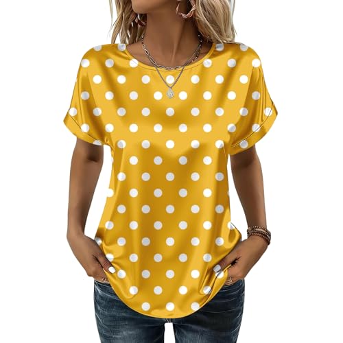 Women's Fashion Dressy Casual Loose Silk Shirts Summer Short Sleeve Business Tops Printed Round Neck Satin Blouse