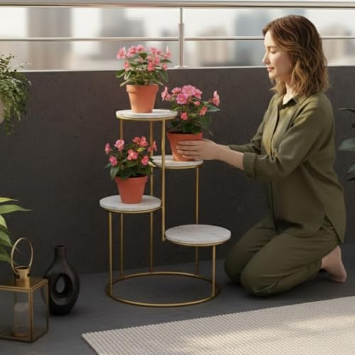 Image of Modern 4-Tier Plant Stand Indoor Metal & Wood | 60 cm Tall Multi-Level Flower Pot Stand | Heavy Duty Corner Plant Rack for Living Room, Balcony, Garden | Decorative Plant Holder for Indoor Use (White Gold)