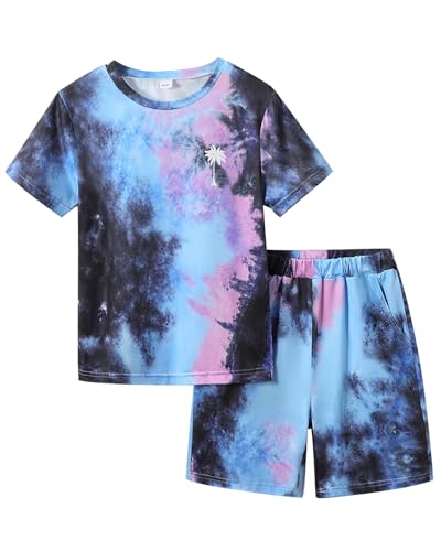 Image of Kid Toddler Baby Boys Clothes Tie-dye Palm Leaf Top 2Pcs Summer Shorts Set