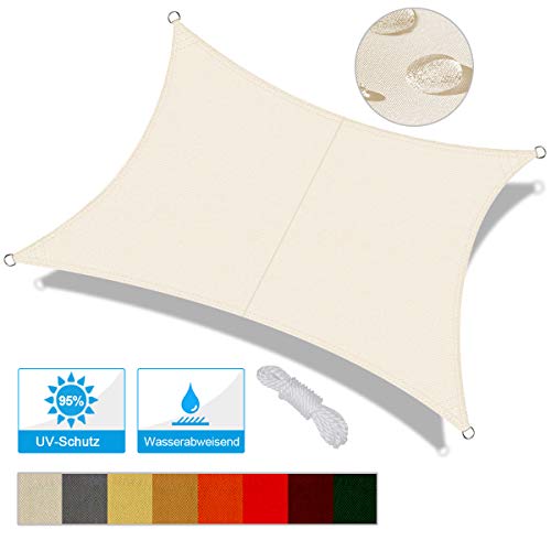 OKAWADACH Toldo Vela de Sombra Rectangular 2 x 4m, protección Rayos UV Impermeable para Patio, Exteriores, Jardín, Color Crema