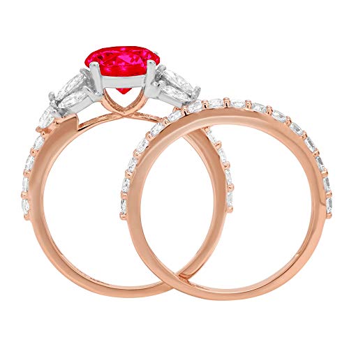 2.72Ct Round Marquise Cut Solitaire 3 Stone Accent Flawless Simulated Cz Red Ruby Engagement Promise Statement Anniversary Bridal Wedding Designer Ring Band Set 14K Rose White Gold Size 7.75 #TOP1
