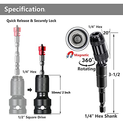 Yakamoz Pivoting Bit Tip Holder Flexible Magnetic Screwdriver Bits Holder Knuckle Extender And Quick Release 1/2" Square Drive To 1/4" Hex Female Socket Adapter Converter For Impact Drill #TOP3