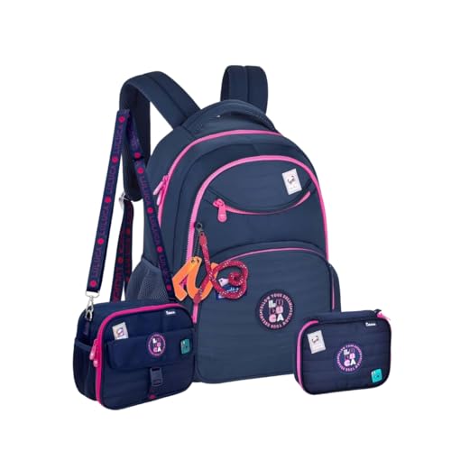 Kit Mochila Costas Luluca Lancheira Estojo Box Escolar Teen Azul