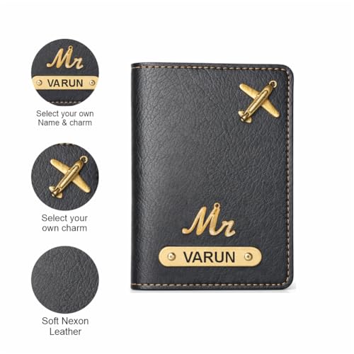 Image of Customized Couple Passport Cover Gift Set 2 Pcs | Personalized Leather Passport Covers with Name & Charm| Anniversary, Valentine, Birthday and Travel Gift (Black)