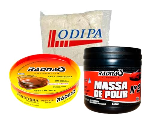 Kit Polimento Automotivo Massa De Polir N°2 500g Tira Risco + Cera Protetora Tradicional 200g RADNAQ + Estopa Odipa