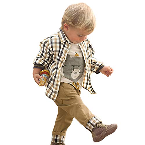 Image of Boy's Plaid Tops and Koala Printed T-Shirt and Pants 3 Pieces Clothing Sets (Khaki,3-4 Years)