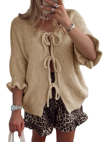 Saodimallsu Womens Tie Front Bow Cardigan Sweaters Lightweight Knit Ruffle Half Sleeve 2025 Trendy Jacket