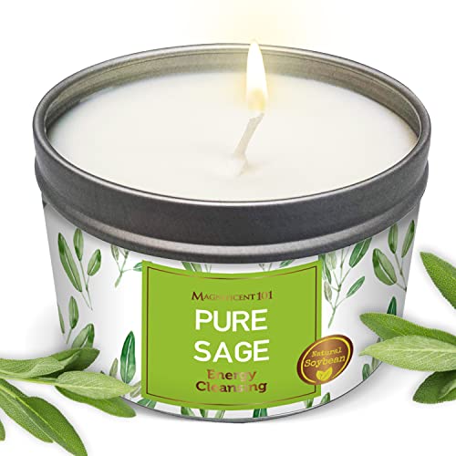 Magnificent 101 Long Lasting Pure Sage Smudge Candle | 6 Oz - 35 Hour Burn Time | All Natural & Organic Soy Wax Candle With Essential Oils For House Energy Cleansing, Aromatherapy & Manifestation #TOP25
