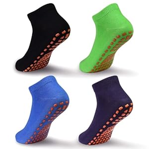 ELUTONG Rutschfeste Trampolinsocken für Kinder, 4 Paar Stoppersocken Baumwolle Sockens Atmungsaktiv und Weich für Jungen Mädchen EU 29-33（schwarz+dunkel lila+blau+grün）