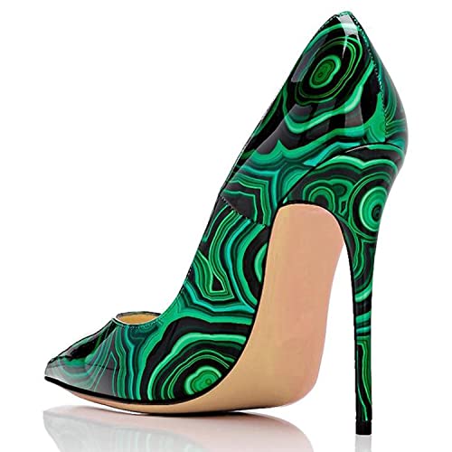 FOWT Women Stylish Super High Heel Green Painting Pattern Pumps Chic Synthetic Patent Leather Shallow Slip on Stilettos Sexy Pointed Toe Dress Evening Prom Shoes, US Size 4-13 M3