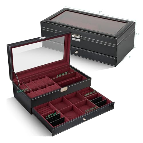 TomCare Watch Box 2-Tier Watch Case Jewelry Organizer Box with Thick Glass Lid Lockable Watch Organizer Jewelry Display Holder Sunglass Rings Necklaces Bracelets Storage Organizer for Men Women by TomCare - Image 2