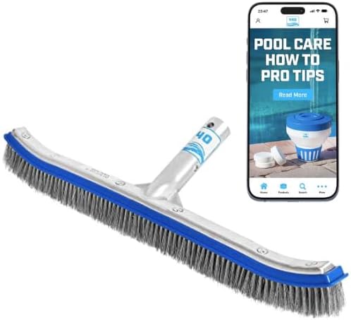 440 Heavy Duty Pool Brush - 18-inch Extra-Wide Metal Brush Head with Stainless Steel Wire Bristles & Curved Edges for Cleaning Pool Tiles, Walls, Floor, Steps (Stainless Steel)