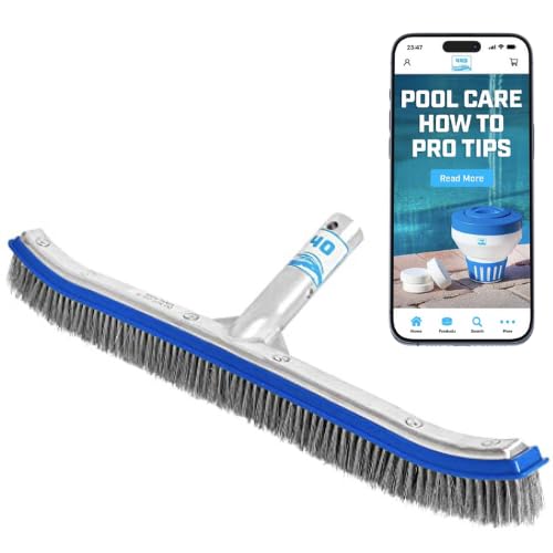 440 Heavy Duty Pool Brush - 18-inch Extra-Wide Metal Brush Head with Stainless Steel Wire Bristles & Curved Edges for Cleaning Pool Tiles, Walls, Floor, Steps (Stainless Steel)