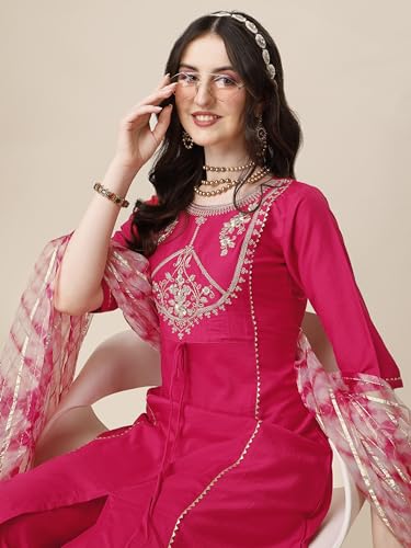 Image of EthnicJunction Women's Chinon Embroidered Straight Front Slit Kurta Palazzo & Organza Dupatta Set | Wedding | Heavy | Outfit | Suit