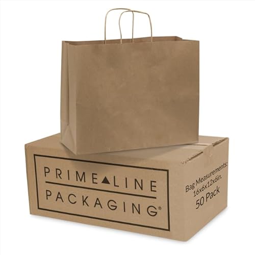 Prime Line Packaging Brown Gift Bags, Kraft Shopping Bags Large with Handles for Small Business, Boutiques, Retail Stores & Grocery Use, Bulk, 16x6x12, 50 Pack