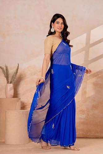 Image of Chiffon Saree for Women with Sequin Embellishments | Wedding Saree | Festival Saree | Designer Saree for Women | Royal Blue