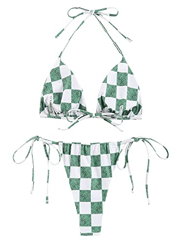 Image of ZAFUL Womens Printed Triangle Bikinis 2 Piece Halter Bikini Sets High Cut Bathing Suit Side Tie Swimsuits Green Plaid M