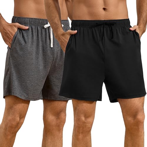 U2SKIIN Mens 2 Pack Pajama Shorts, Soft Cool Breathable Sleep Bottoms, Comfy Lounge Pj Pants with Pocket(dark grey mel+black,L)