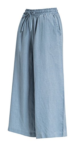 Womens Linen Cropped Pants Loose Casual Capri Cotton Wide Leg Plus Size Elastic Waist with Drawstring Trouses Light Blue 5XL4