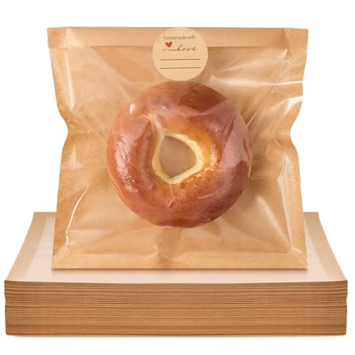 ZORRITA 200 Pack Heat Sealable Bakery Bags with Window, Kraft Paper Grease Resistant Bagel Bags To Go Bags for Packaging Cookie, Donut, Pastries and other Treats (7.1 x 7.5 Inch)