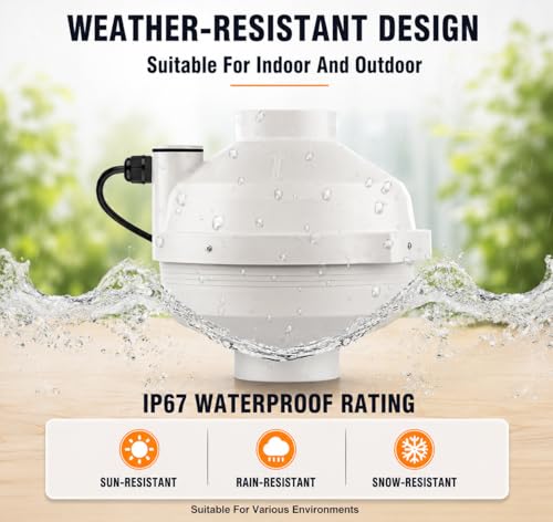 Ventilador de mitigación de radón de 4 pulgadas – Ventilador de conducto en línea silencioso de 190 CFM | Resistente al agua IP67, motor ahorrador de energía, fácil instalación con acoplamientos de goma (4 x 3 pulgadas) e indicador de presión de aire miniatura 4