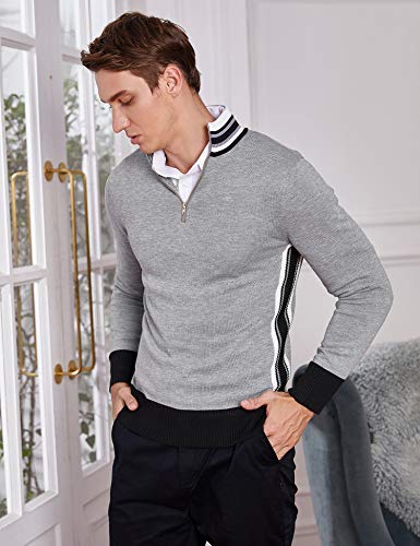 Coofandy Mens Quarter Zip Pullover Mock Neck Sweaters Striped Neckline Knitwear #TOP1